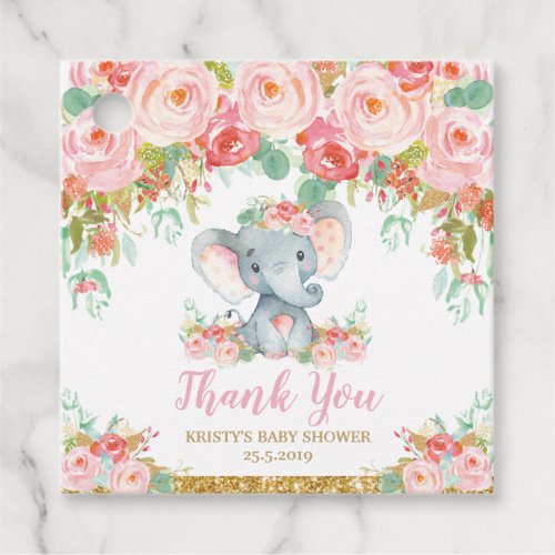 Blush Pink Floral Elephant Baby Shower Thank You Favor Tags