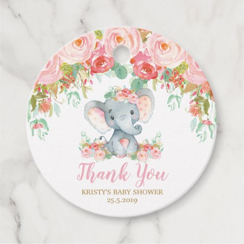 Blush Pink Floral Elephant Baby Shower Thank You Favor Tags