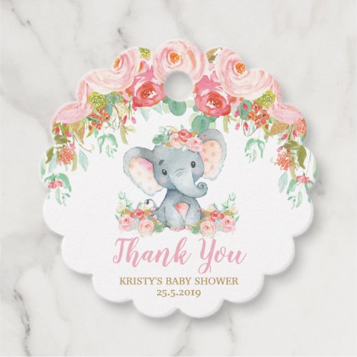 Blush Pink Floral Elephant Baby Shower Thank You Favor Tags