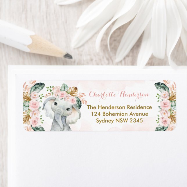 Blush Pink Floral Elephant Boho Baby Girl Label (Insitu)