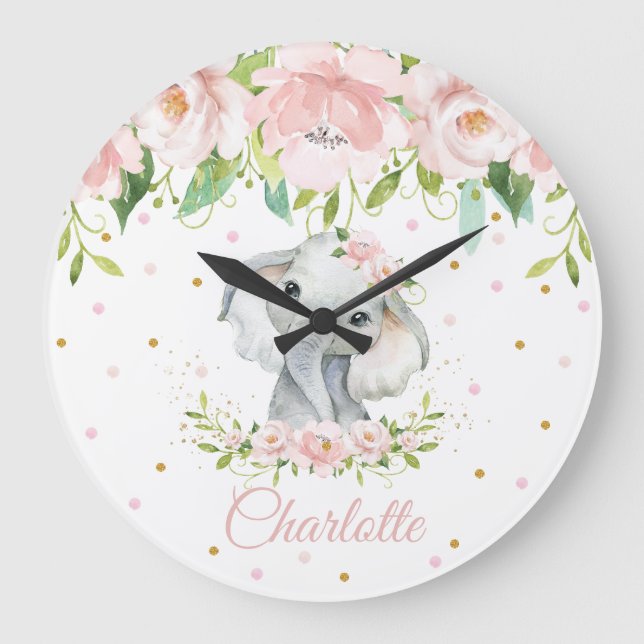 Blush Pink Floral Elephant Girl Nursery Large Clock (Front)