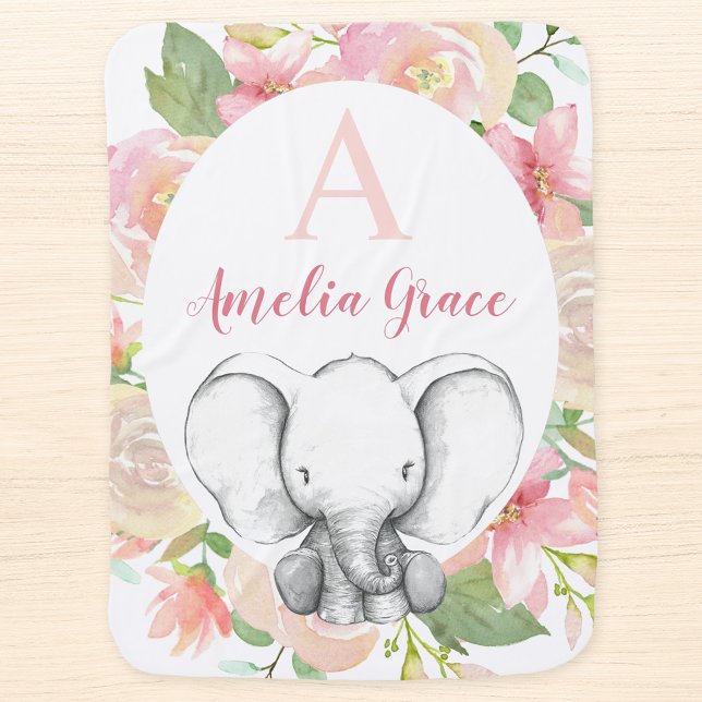 Blush Pink Floral Elephant Personalized Girl Baby Blanket (Creator Uploaded)