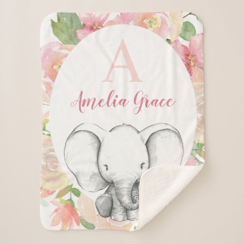 Blush Pink Floral Elephant Personalized Girl Baby Sherpa Blanket