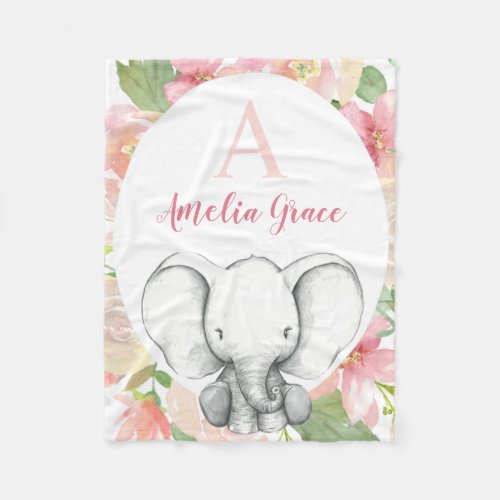 Blush Pink Floral Elephant Personalized Girl Fleece Blanket