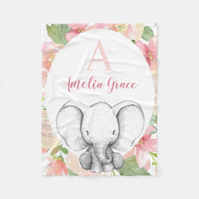 Blush Pink Floral Elephant Personalized Girl Fleece Blanket (Front)