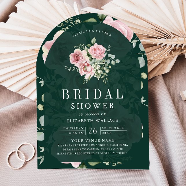 Blush Pink Floral Emerald Green Bridal Shower Invitation (Creator Uploaded)