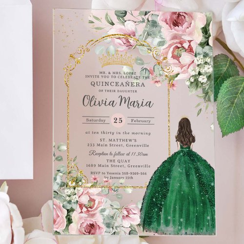 Blush Pink Floral Emerald Quincea&#241;era Sweet 16 15 Acrylic Invitations
