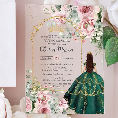 Blush Pink Floral Emerald Quincea&#241;era Sweet 16 15 Acrylic Invitations