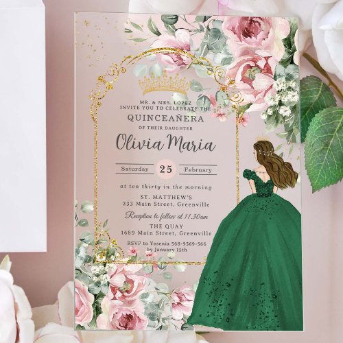 Blush Pink Floral Emerald Quincea&#241;era Sweet 16  Acrylic Invitations