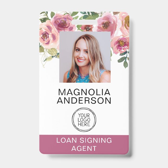 Blush Pink Floral Employee Photo Logo Barcode  Badge (Front)