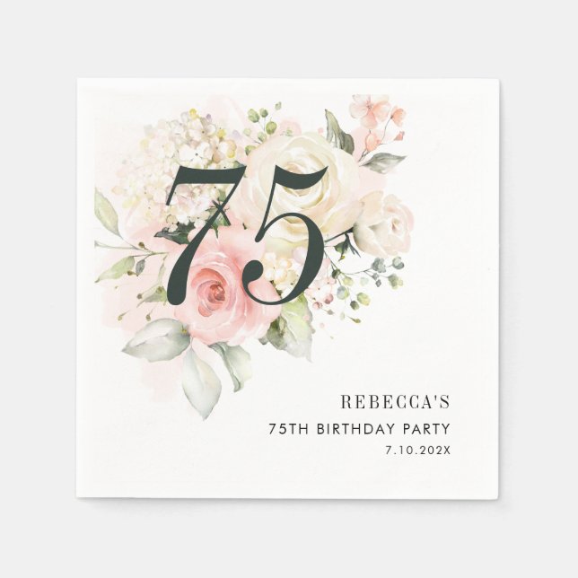Blush Pink Floral Eucalyptus 75th Birthday Party Napkins (Front)