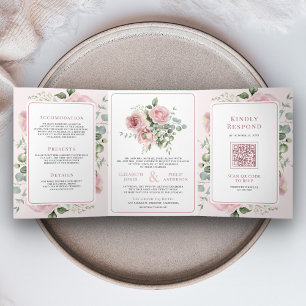Blush Pink Floral Eucalyptus All in One Wedding Tri-Fold Invitation