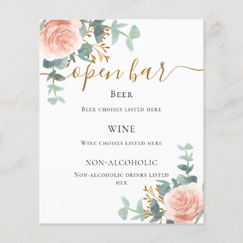 Blush pink floral eucalyptus bar menu flyer