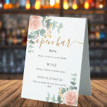 Blush pink floral eucalyptus bar menu table tent sign<br><div class="desc">White background. Decorated with blush pink,  rose gold floral,  green watercolored eucalyptus leaves,  sprigs,  greenery,  faux gold leaves. With the text: Open bar.  Personalize and add your bar menu.</div>