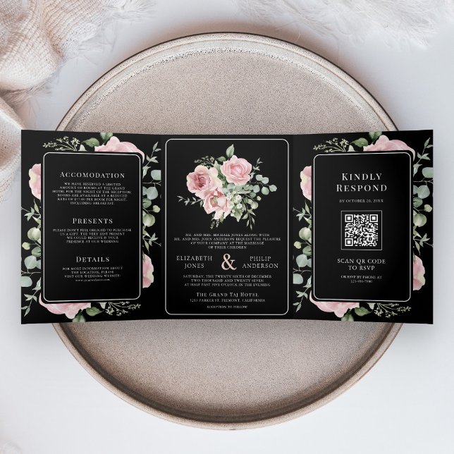 Blush Pink Floral Eucalyptus Black QR Code Wedding Tri-Fold Invitation (Creator Uploaded)