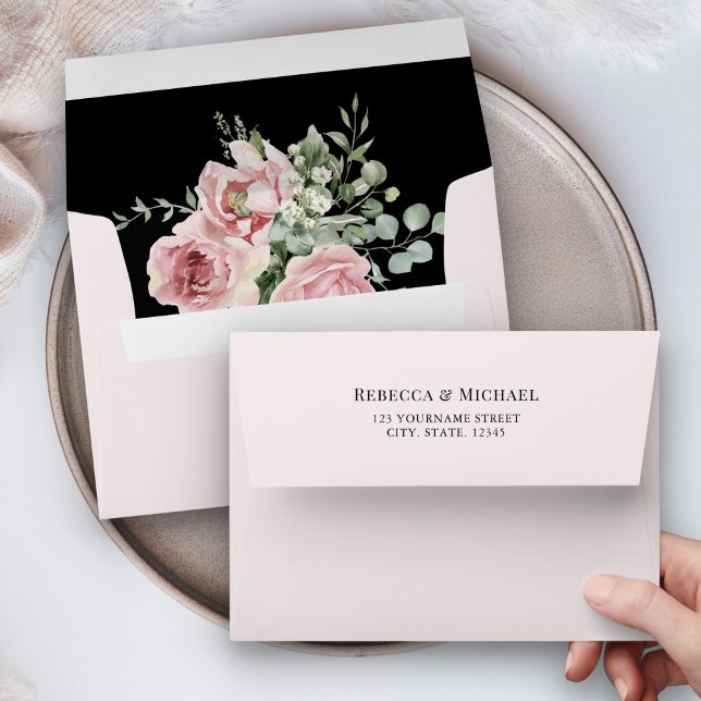 Blush Pink Floral Eucalyptus Black Wedding Envelope (Creator Uploaded)
