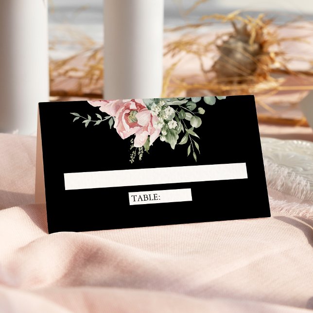 Blush Pink Floral Eucalyptus Black Wedding Place Card (Creator Uploaded)