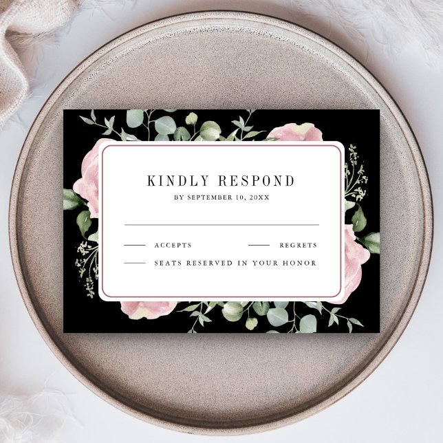 Blush Pink Floral Eucalyptus Black Wedding RSVP Card (Creator Uploaded)