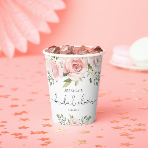 Blush pink floral eucalyptus bridal shower paper cups