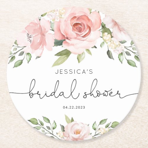 Blush pink floral eucalyptus bridal shower round paper coaster