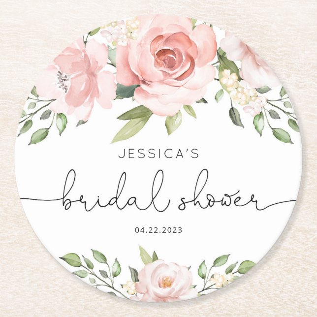 Blush pink floral eucalyptus bridal shower round paper coaster (Front)