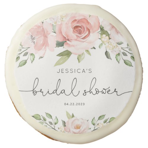 Blush pink floral eucalyptus bridal shower sugar cookie