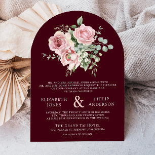 Blush Pink Floral Eucalyptus Burgundy Wedding Invitation