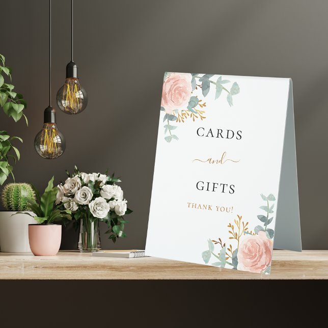 Blush pink floral eucalyptus cards gifts table tent (Creator Uploaded)
