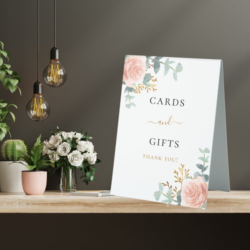 Blush pink floral eucalyptus cards gifts table tent sign