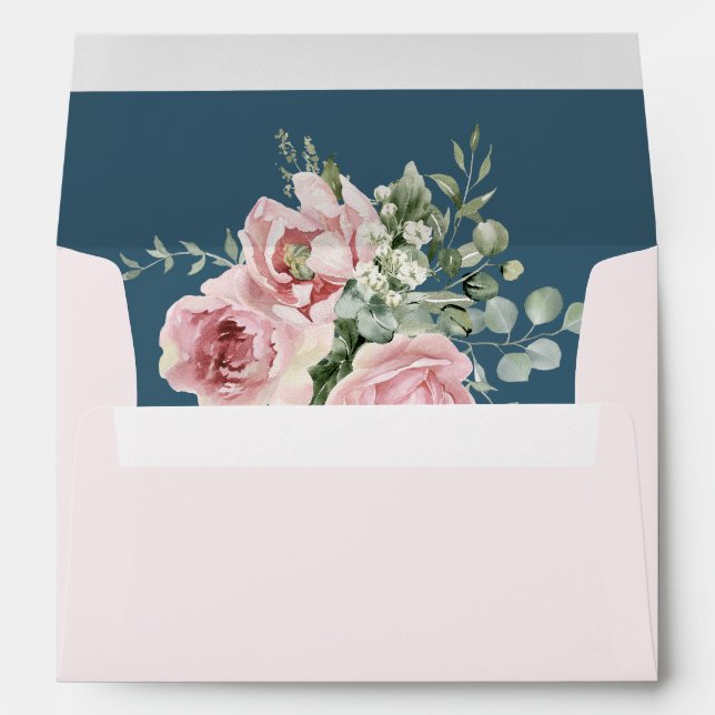 Blush Pink Floral Eucalyptus Dusty Blue Wedding Envelope (Back (Bottom))