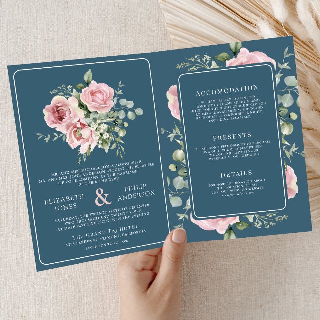 Blush Pink Floral Eucalyptus Dusty Blue Wedding Invitation (Creator Uploaded)