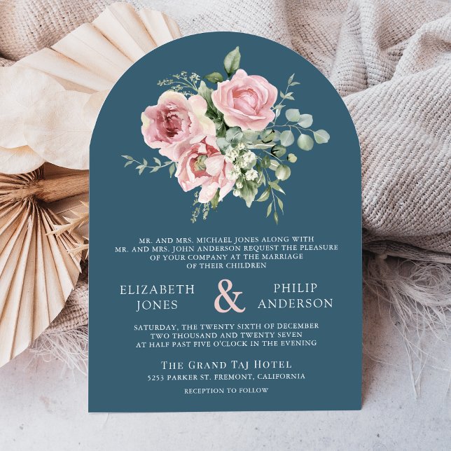 Blush Pink Floral Eucalyptus Dusty Blue Wedding Invitation (Creator Uploaded)