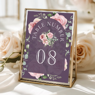 Blush Pink Floral Eucalyptus Dusty Purple Wedding Table Number