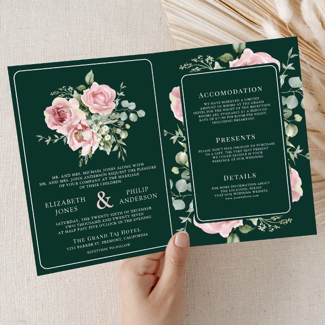 Blush Pink Floral Eucalyptus Emerald Green Wedding Invitation (Creator Uploaded)
