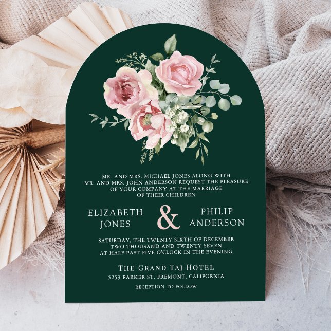 Blush Pink Floral Eucalyptus Emerald Green Wedding Invitation (Creator Uploaded)