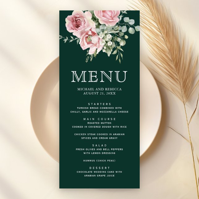Blush Pink Floral Eucalyptus Emerald Green Wedding Menu (Creator Uploaded)