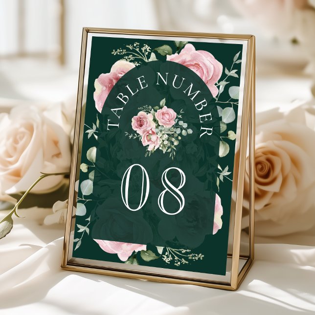 Blush Pink Floral Eucalyptus Emerald Green Wedding Table Number (Creator Uploaded)