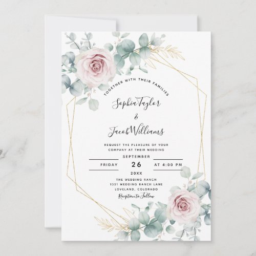 Blush Pink Floral Eucalyptus Geometric Wedding Invitation