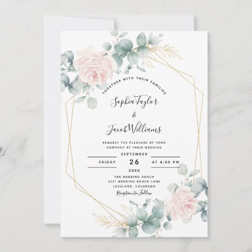 Blush Pink Floral Eucalyptus Geometric Wedding Invitation