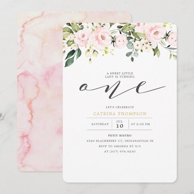 Blush Pink Floral & Eucalyptus Girl 1st Birthday Invitation (Front/Back)