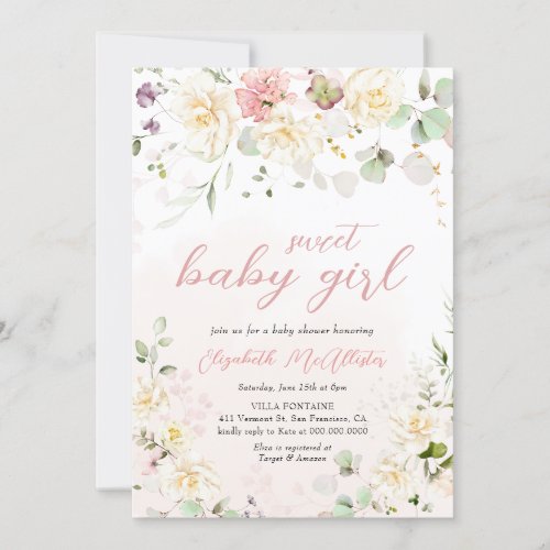 Blush Pink Floral Eucalyptus Girl Baby Shower Invitation