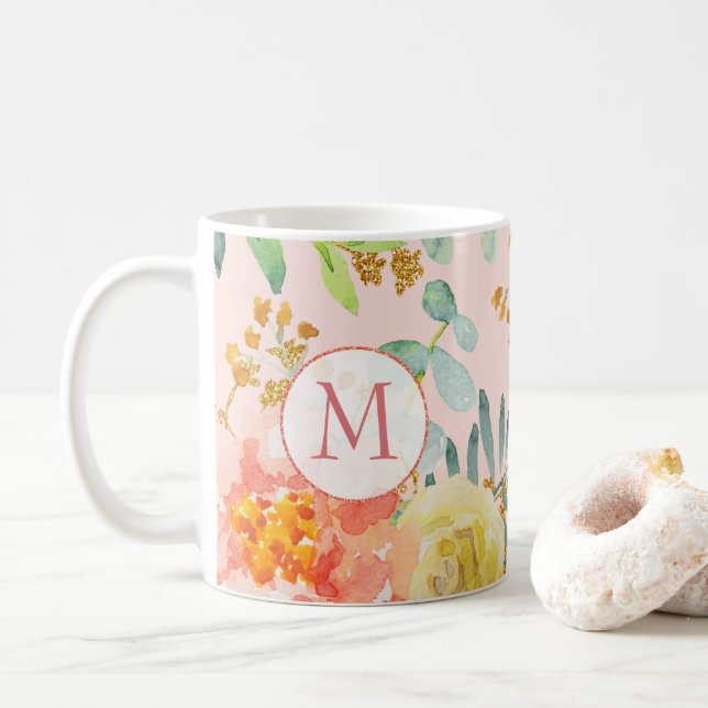 Blush Pink Floral Eucalyptus Glitter Monogram Coffee Mug (With Donut)