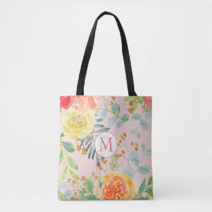 Blush Pink Floral Eucalyptus Glitter Monogram Tote Bag