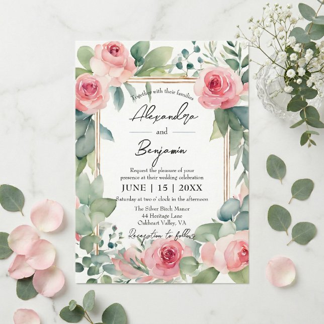Blush Pink Floral Eucalyptus Gold Frame Wedding Invitation (Creator Uploaded)