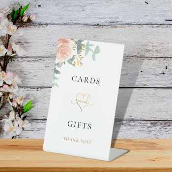 Blush Pink Floral Eucalyptus Greenery  Cards Gifts Pedestal Sign by Thunes at Zazzle