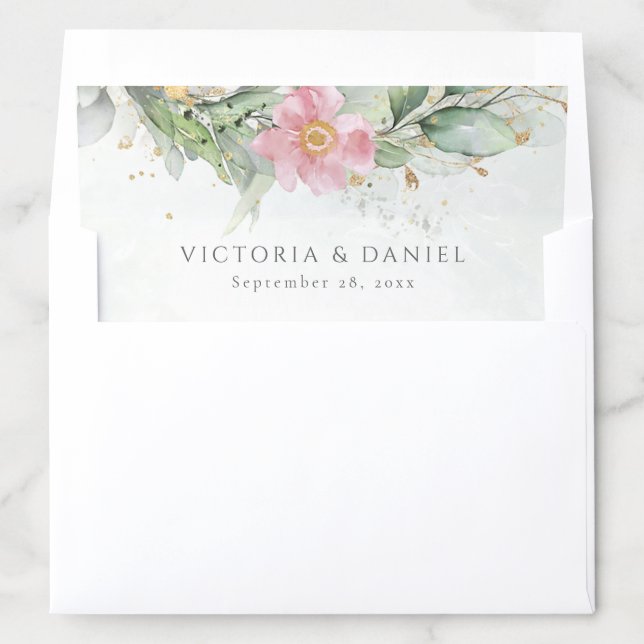 Blush Pink Floral Eucalyptus Greenery Gold Elegant Envelope Liner (In Envelope)