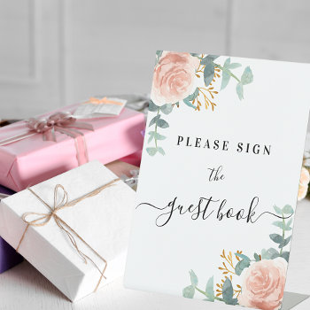Blush Pink Floral Eucalyptus Guest Book Sign by Thunes at Zazzle
