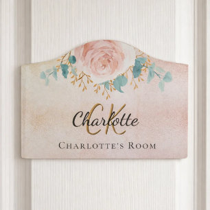 Blush pink floral eucalyptus monogram name door sign