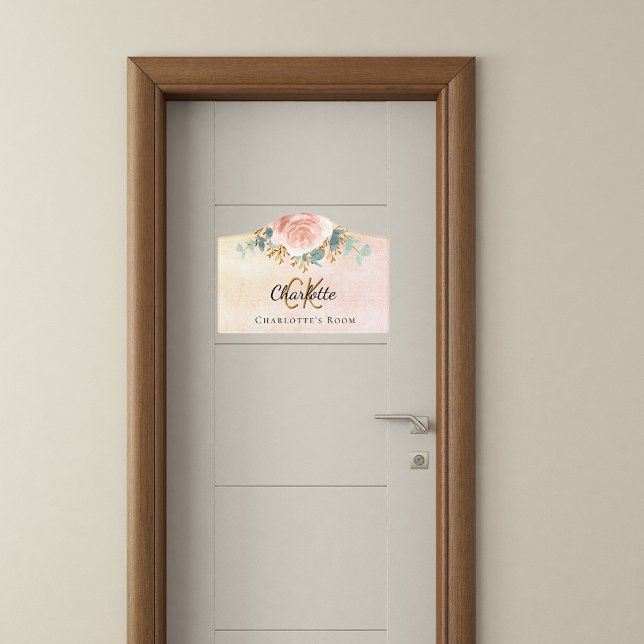 Blush pink floral eucalyptus monogram name door sign (Creator Uploaded)