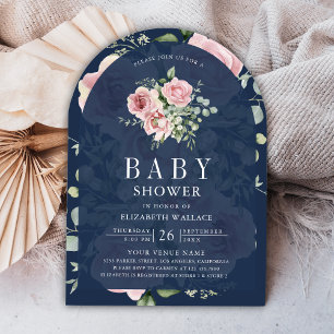 Blush Pink Floral Eucalyptus Navy Blue Baby Shower Invitation